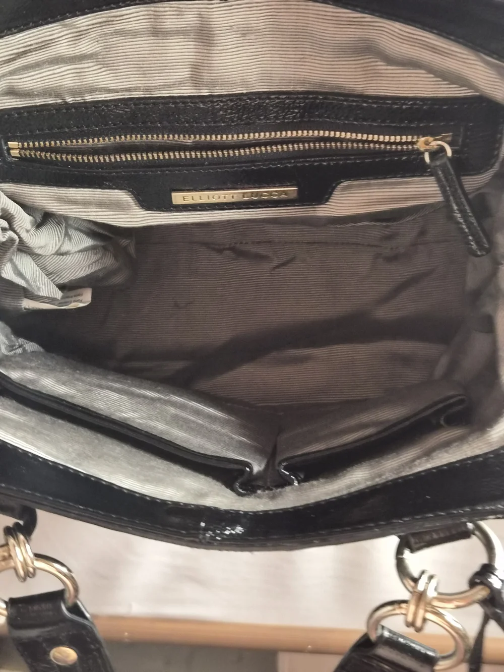 Elliott Lucca Black Patent Leather Satchel Shoulder Bag Gold Hardware EUC